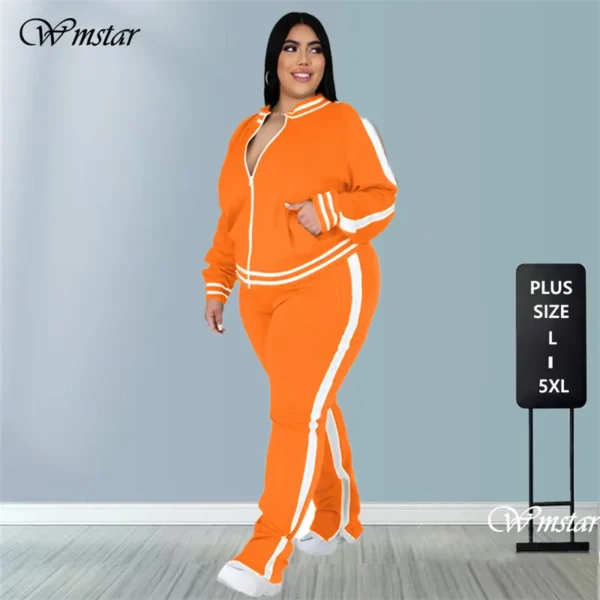Plus Size L-5XL Two Piece Womens Sweatsuit Zip Striped