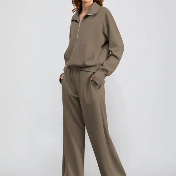 Woman Half Zip Long Sleeve Sweatshirt and Wide Leg Pants Set